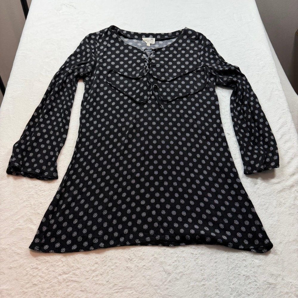L.A. Hearts Lace Up Tunic Top Women Large Black Floral Medallion Good Boho Indie